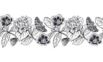 Hydrangea flower and butterflies seamless border. Hand drawn illustration in graphic style with ink. For greeting cards, invitations, labels, textiles, banners. vector