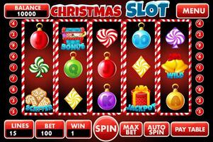 Casino slot machine, game UI design, gambling mobile app concept for the Christmas themed Casino Game. The slot game user interface with basic buttons and set of 12 slot symbols vector