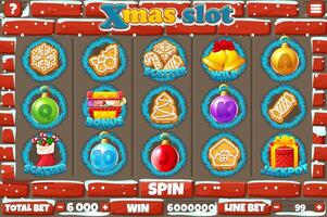 Christmas fortune slot UI, buttons and set of 12 symbols. Stone wall background. game control panel or slot menu vector