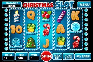 Casino slot machine, game UI design, gambling mobile app concept for the Christmas Casino Game. The slot game user interface with basic buttons and set of 12 slot symbols vector