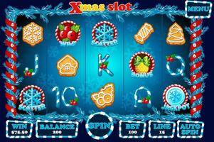 Xmas slot machine, buttons and set of slot symbols. Complete menu for casino game -blue. 12 slot Icons and buttons on a separate layer. vector