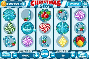 Casino slot machine, game UI design, gambling mobile app concept for the Christmas or candy themed Casino Game. The slot game user interface with basic buttons and set of 12 slot symbols vector