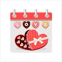 Calendar for Happy Valentine Day with illustration of chocolates in heart shape box. Happy Love Day Card vector