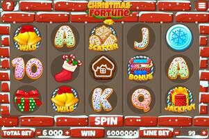 Christmas fortune slot UI, and buttons and set of 12 symbols. Stone wall background. game control panel or slot menu vector