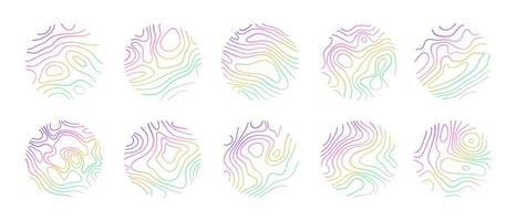 Circular wood rings or topographic map lines texture set. Wood tree topographic abstract lines circles collection vector