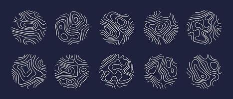 Circular wood rings or topographic map lines texture set. Wood tree topographic abstract lines collection vector