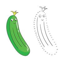 Educational game connect the dots to draw cucumber cartoon doodle hand drawn illustration vector
