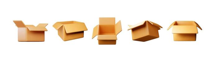 3D open carton packaging box set isolated on white. Render collection of cardboard package with cover. Postal containers. vector