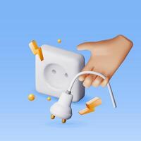 3D electric plug in hand and socket isolated. Render electrical outlet plug unplugged symbol. 404 error concept. . Disconnection or connect loss page not found vector