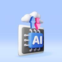 3d AI Chip with arrows in clouds. Render artificial intelligence chipset icon. AI processor in business, science and work. Computer semiconductor part. vector