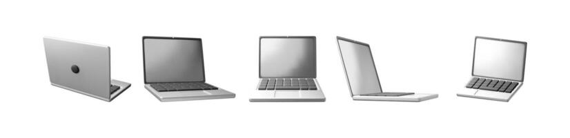 3D set of cartoon laptop computer isolated. Render collection of notebook LCD display mock up with blank screen vector