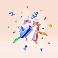 3D spiral wall calendar and check mark in confetti. Render calendar with check box vector