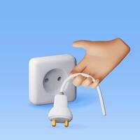 3D electric plug in hand and socket isolated. Render electrical outlet plug unplugged symbol. 404 error concept. . Disconnection or connect loss page not found sign, under construction. vector