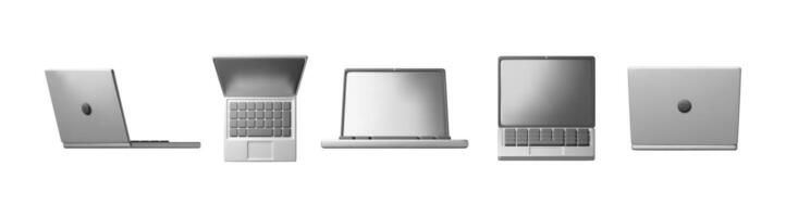 3D set of cartoon laptop computer isolated. Render collection of notebook LCD display mock up with blank screen. Mobile computer device icon. vector