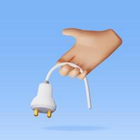 3D electric plug in hand isolated. Render electrical outlet plug unplugged symbol. 404 error concept. . Disconnection or connect loss, page not found vector