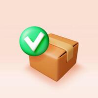 3d closed delivery box with checkmark. Render yes icon in open cardboard box. Approved or accepted delivery package, successful order received vector