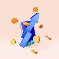 3D growth stock coin chart and arrow on smartphone. Render stock arrow with money on phone shows growth or success vector