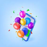 3D smartphone with bunch of balloons flying out of screen. Render phone with helium balloons in confetti. Birthday or holiday greetings vector
