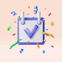 3D spiral wall calendar and check mark in confetti. Render calendar with check box. Schedule, appointment, organizer, timesheet, important date vector