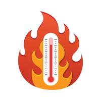 Thermometer in flame icon in flat style. Climate control illustration on isolated background. Weather change sign business concept. vector