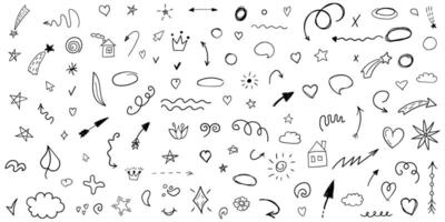 Hand drawn doodles icon in flat style. Speech bubbles, arrows and shapes illustration on isolated background. Drawing sketch sign business concept. vector