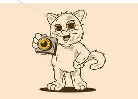 Mascot character of a standing cat holding a pocket camera vector