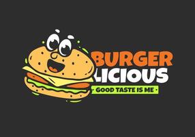 Good taste is me. Burger with face mascot character for t-shirt print, in horizontal size vector