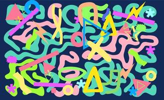 Retro, maximalist, cluttercore drawing made of various geometric and organic neon colored shapes vector