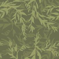 Camouflage plant leaves, hand drawn seamless pattern. Ink texture with tree branches. Camo with twig. Khaki green grunge drawing pattern. Botanical textile, wrapping paper vector