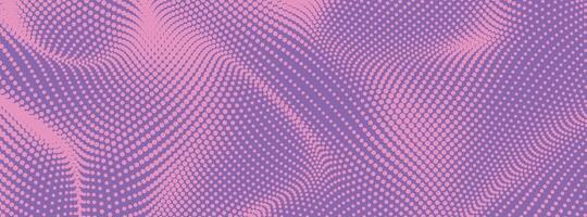 Halftone violet background with flowing dots. Purple gradients particle grid, abstract wave texture. Technology digital pattern with dynamic soft waves vector