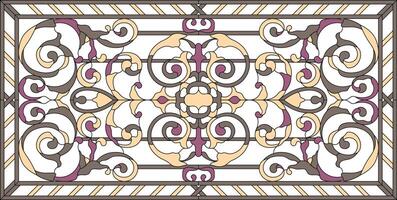 Stained glass window in a rectangular frame. Flower arrangements and ornaments in graphics, with abstract swirls and leaves, horizontal orientation colorful floral symmetric composition vector