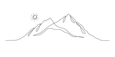 Minimal Mountain in One Continuous Art Line. Trendy scenic mounts, wall art background. Black and white landscape design for fabric, prints, and wall art. Simple line drawing of one line mountain vector