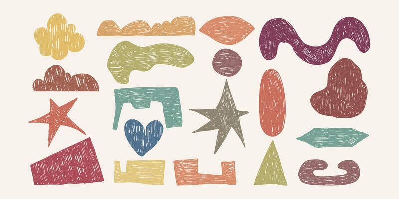 Colorful Abstract Grunge Shapes with Hand Drawn Scribble Texture. Organic doodle elements. Retro design perfect for posters, print, fashion, wallpapers