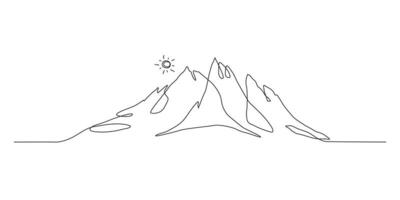 Minimalist Mountain Landscape in One Continuous Art Line. Trendy scenic mounts, wall art background. Black and white landscape design for fabric, prints, and wall art. Simple line drawing of one line vector