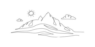 Minimalist Mountain in One Continuous Art Line. Trendy scenic mounts, wall art background. Black and white landscape design for fabric, prints, and wall art. Simple line drawing of one line mountain vector