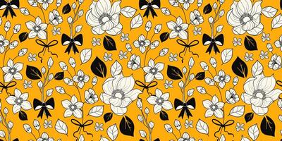 Flower Seamless Pattern with Beautiful Hand Drawn Botanicals Isolated on Yellow Background. Elegant cute plants. Nature delicate floral elements. Repeatable feminine design perfect for print, textile vector
