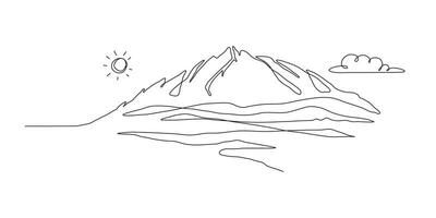 Minimal One Continuous Art Line of a Mountain Outline. Trendy scenic mounts, wall art background. Black and white landscape design for fabric, prints, and wall art. Simple line drawing of one line vector