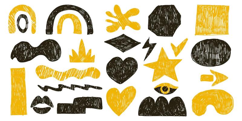 Abstract Grunge Shapes with Hand Drawn Scribble Texture. Organic doodle elements. Retro design perfect for posters, print, fashion, wallpapers