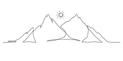 Simple Mountain in One Continuous Art Line. Trendy scenic mounts, wall art background. Black and white landscape design for fabric, prints, and wall art. Simple line drawing of one line mountain vector