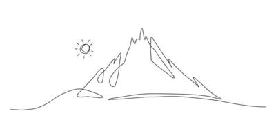 Minimal Mountain in One Continuous Art Line. Scenic mounts, wall art background. Black and white landscape design for fabric, prints, and wall art. Simple line drawing of one line mountain vector