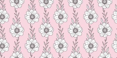 Flower Seamless Pattern with Beautiful Hand Drawn Botanicals Isolated on Pink Background. Elegant cute plants. Nature delicate floral elements. Repeatable feminine design perfect for print, textile vector