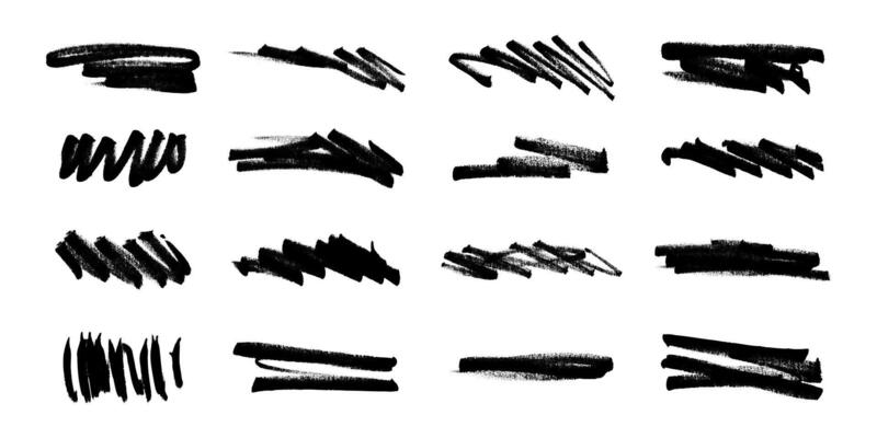 Black Hand Drawn Permanent Crayon and Marker Brush Stroke Lines. Grunge stroke collection perfect for underlining and highlight documents