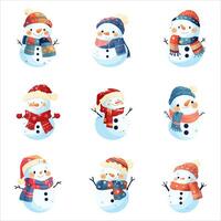 A set of Snowmen in a hat and scarf decorated with snowflakes. Isolated on a white background vector