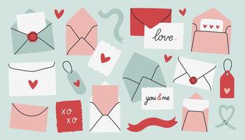 Valentines day envelope set. Romantic open and close envelopes with postcards, letters, hearts and text. flat illustration vector