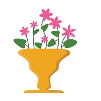 a stylized illustration of a yellow vase containing several pink flowers with green leaves. The simple, rounded petals and various sizes of the flowers add depth and variety to the cheerful design. vector