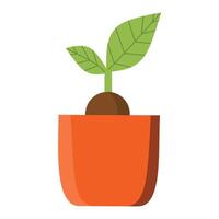 A minimalist illustration of a small plant with two green leaves sprouting from a brown seed in an orange pot. The simple design emphasizes growth and new beginnings, ideal for botanical themes vector