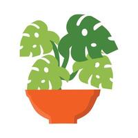 A minimalist illustration of a Monstera plant with large, green leaves featuring distinctive holes and splits, in an orange pot with a geometric design. Ideal for themes of nature, decor, and botany vector