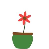 A vibrant and illustration of a red flower with six petals in a green pot. The flower's brown center and green stem make it perfect for nature, decor, and botanical themes vector