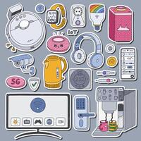 Big colorful doodle set of stickers with smart devices of Internet of things for planners, notebooks. Ready for print list of cute stickers. Intelligence machine clipart with remote control via phone. vector