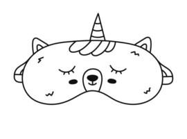Cute doodle sleeping mask with unicorn with horn. Funny childish eye mask with head of magical creature. Hand drawn outline bedtime accessory for comfortable dreaming isolated on white background. vector